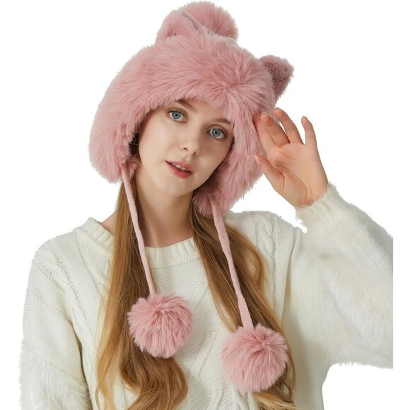 Women Pink Solid Winter Peruvian Cover Ears Beanie Hat Ear Flaps Sherpa Ski Snow